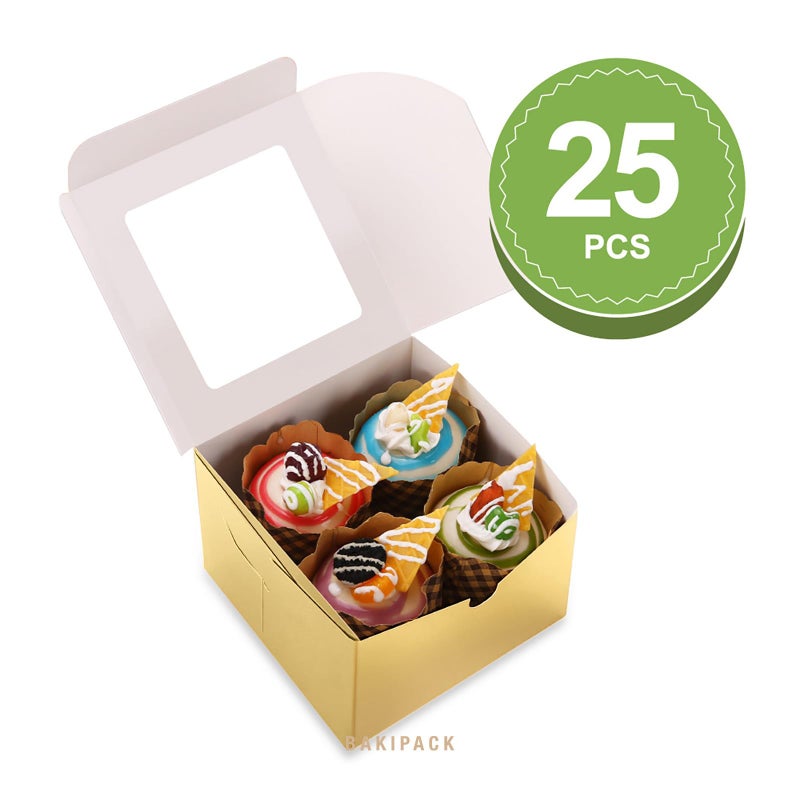 BAKIPACK 25 Gold Bakery Boxes with Window, 6x6x4 Inches Cake Boxes with Window, Treat Boxes for Small Bakery, Dessert, Candy, Cookies, Pastry, Party Favors, Wedding Cake - Image 3